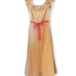 1970s JCPenny Pink Ruffle Prairie Midi Polka Dot Dress Best for XXS or XS